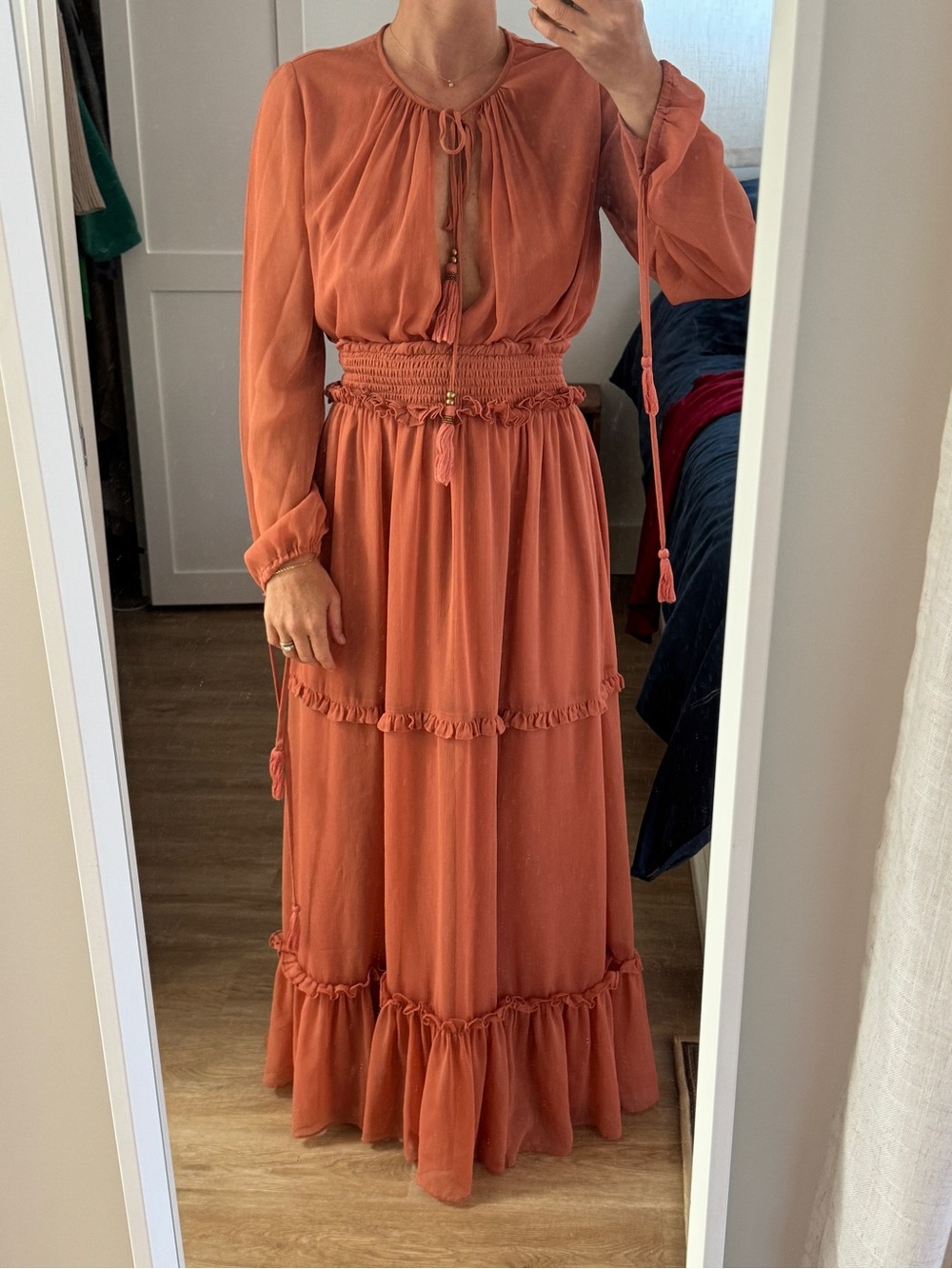 Women's Rust Tiered Maxi Dress with Smocked Waist